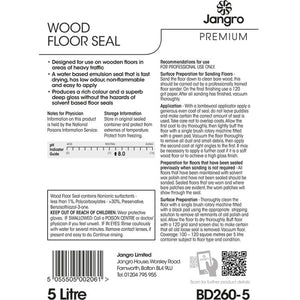 Jangro Premium Wood Floor Seal 5L – usage instructions and safety information label.