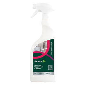 Jangro Premium Foaming Washroom Cleaner 750ml – product packaging with cleaning instructions.