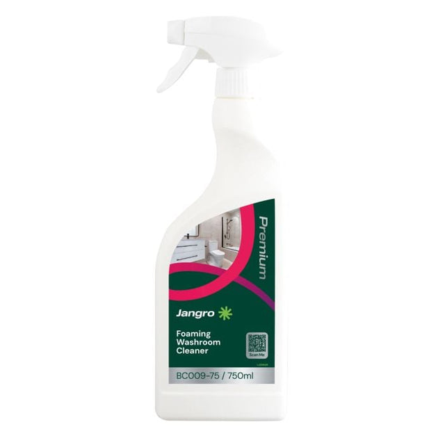 Jangro Premium Foaming Washroom Cleaner 750ml – product packaging with cleaning instructions.