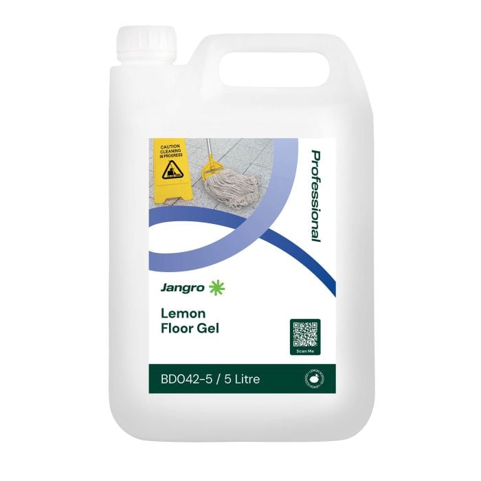 Jangro Lemon Floor Gel 5L – cleaning product packaging with usage information.