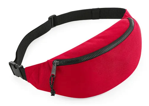 BagBase Recycled Belt Bag in classic red with a zippered compartment.