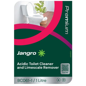 Jangro Acidic Toilet Cleaner & Limescale Remover 1L – product packaging with usage details.
