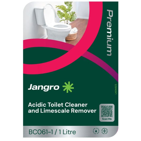 Jangro Acidic Toilet Cleaner & Limescale Remover 1L – product packaging with usage details.