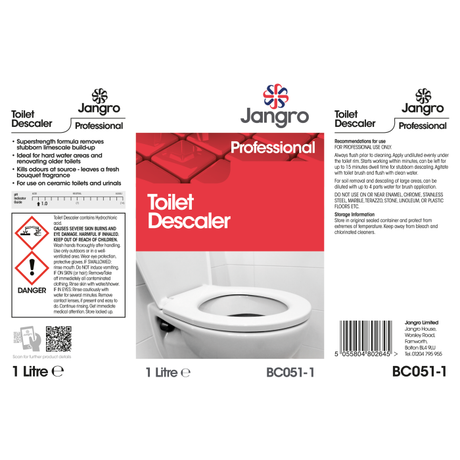 Jangro Toilet Descaler 1Ltr – product packaging with usage instructions and safety warnings.