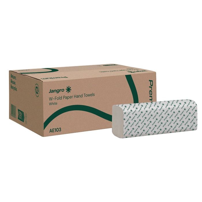 Jangro Premium W-Fold Hand Towels – packaging for 2000 two-ply white towels.