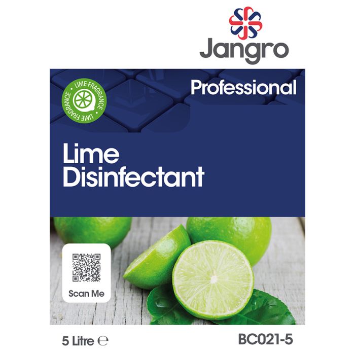Jangro Lime Disinfectant 5L packaging featuring lime imagery and QR code.