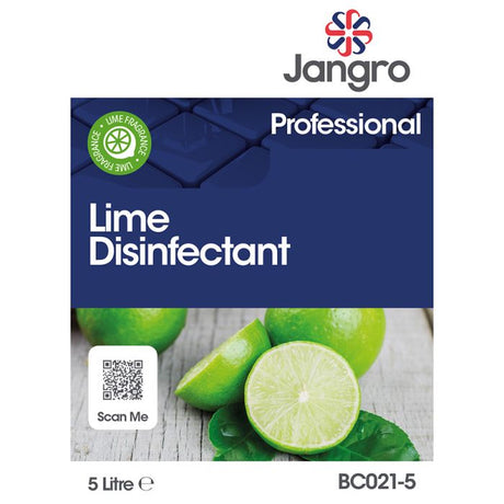 Jangro Lime Disinfectant 5L packaging featuring lime imagery and QR code.