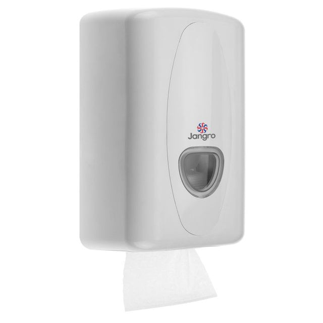 Jangro Bulk Pack Dispenser - wall-mounted hand towel dispenser in white plastic.