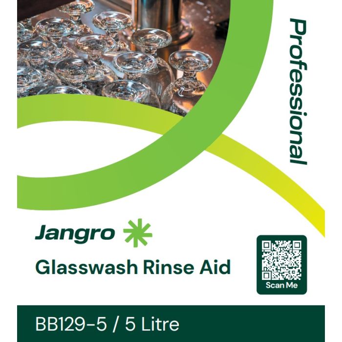 Jangro Glasswash Rinse Aid 5L – product label with usage information and QR code.