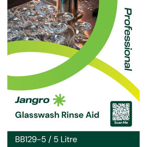 Jangro Glasswash Rinse Aid 5L – product label with usage information and QR code.