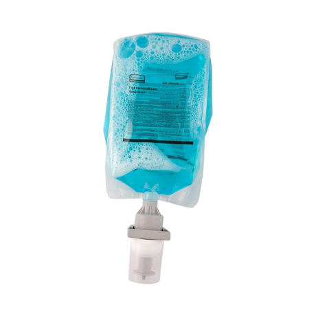 Rubbermaid Enriched Foam Hand Wash refill pouch with blue liquid and foamy texture.