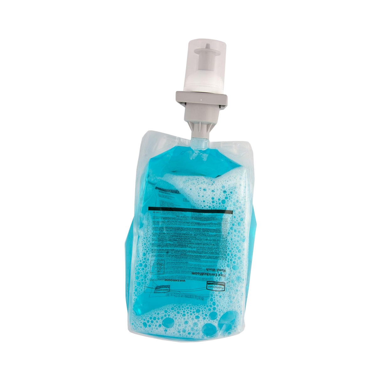 Rubbermaid Enriched Foam Hand Wash refill pouch, 1300ml, with blue foam and dispensing nozzle.