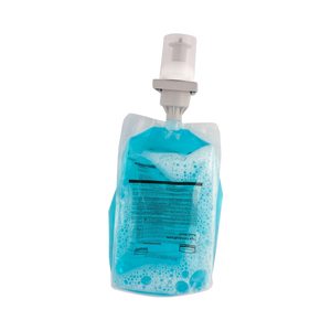 Rubbermaid Enriched Foam Hand Wash refill pouch, 1300ml, with blue foam and dispensing nozzle.