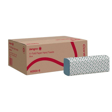 Jangro Contract V-Fold Hand Towels, 1 Ply Blue, 4800 towels per box.