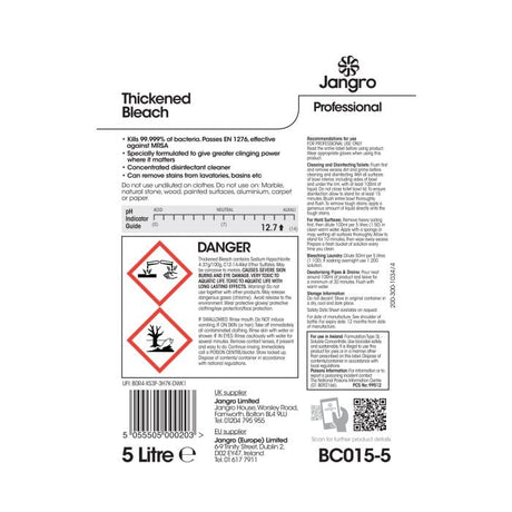 Safety and usage label for Jangro Thick Bleach 5L, including hazard information and instructions.