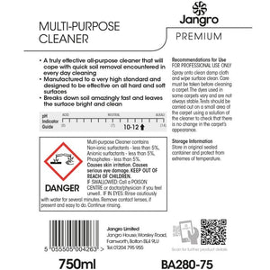 Jangro Premium Multi Purpose Cleaner – safety and usage information label.