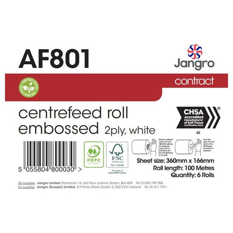 Jangro Contract Embossed Centrefeed Roll – 2ply white, 100m length, 6 rolls per pack.