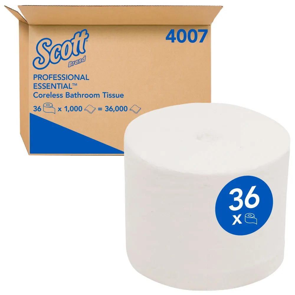 Scott Essential Coreless Toilet Tissue 1000 Sheets x36 - packaging and product shot.