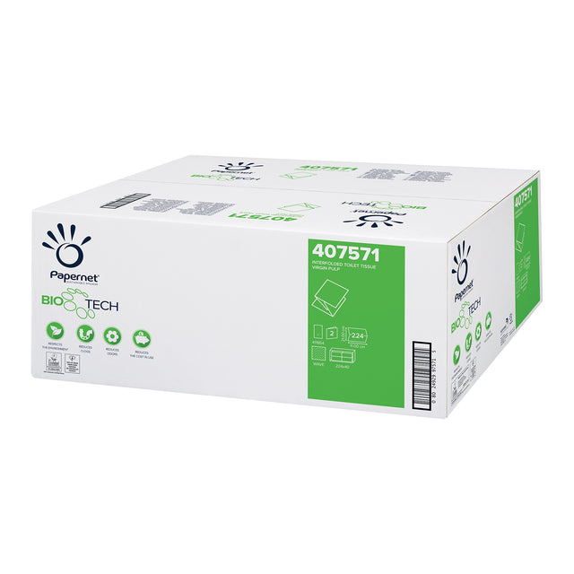Bio Tech Interfolded Toilet Paper – bulk packaging with 224 sheets, 2-ply.