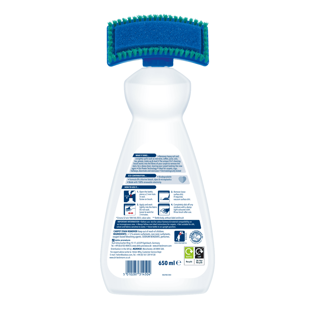 Dr. Beckmann Carpet Stain Remover 650ml with Brush | Oxi‑Powered Deep Carpet Cleaning