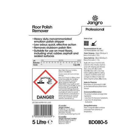 Jangro Floor Polish Remover – safety and usage instructions on a 5L container.
