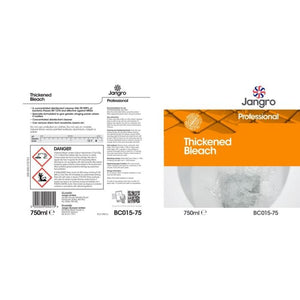 Jangro Thick Bleach 750ml – product label with safety and usage information.
