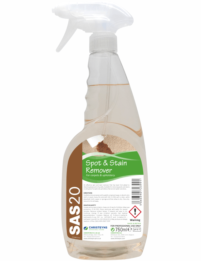 SAS 20 Spot & Stain Remover – professional cleaner for carpets and upholstery in spray bottle.