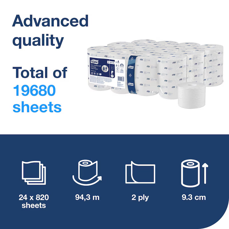 Tork OptiServe Coreless Toilet Roll – packaging with product details and specifications.