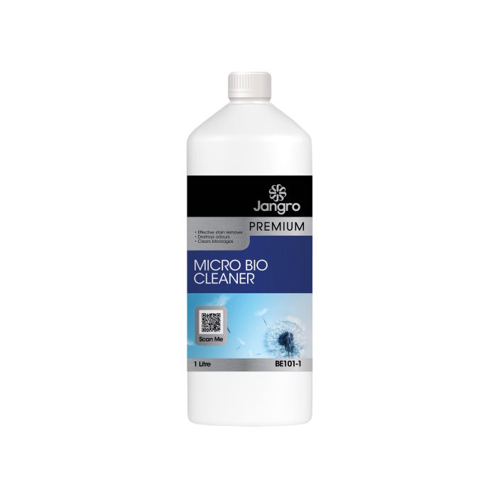 Jangro Premium Micro Bio Cleaner 1L – product packaging with usage information.