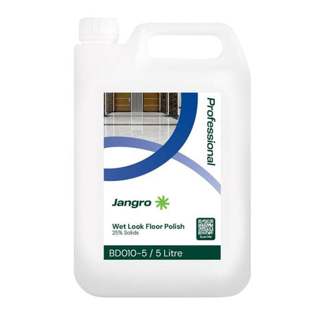 Jangro Wet Look Floor Polish 25% Solids in a 5-litre container.