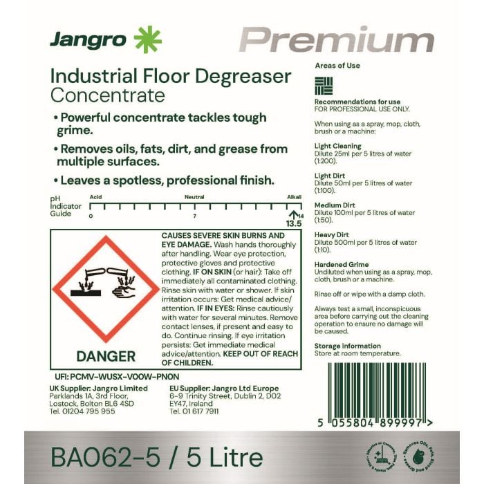 Jangro Premium Industrial Floor Degreaser Concentrate – safety and usage instructions label.