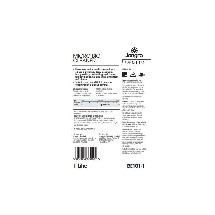 Jangro Premium Micro Bio Cleaner 1L – usage instructions and product information label.