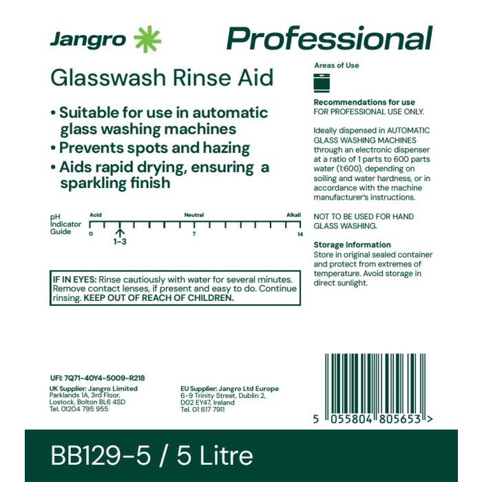 Jangro Glasswash Rinse Aid 5L - BB129-5 | Professional Glasswasher Rinse Aid