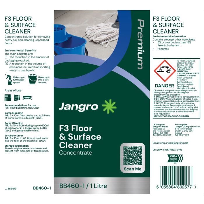 Jangro F3 Floor & Surface Cleaner – product label with usage instructions and safety information.