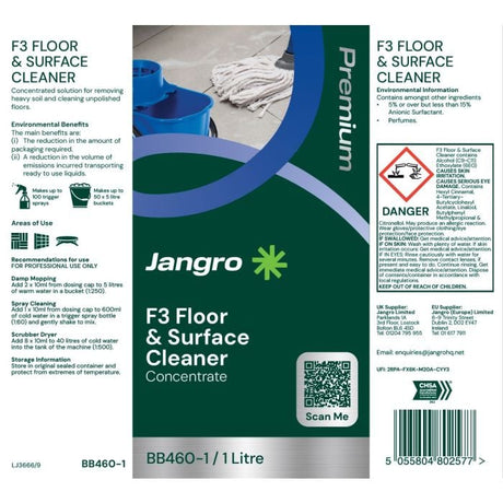 Jangro F3 Floor & Surface Cleaner – product label with usage instructions and safety information.