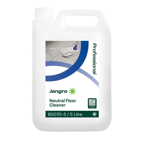 Jangro Neutral Floor Cleaner 5L bottle with cleaning instructions and product details.