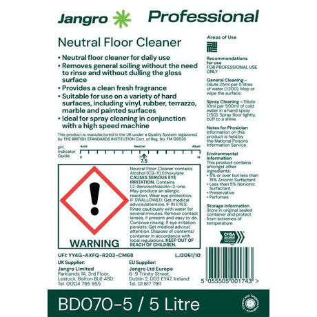 Jangro Neutral Floor Cleaner 5L – safety and usage instructions label.