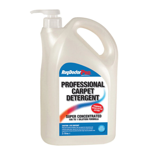 Rug Doctor Pro Professional Carpet Detergent – 5-liter bottle with usage instructions and warnings.