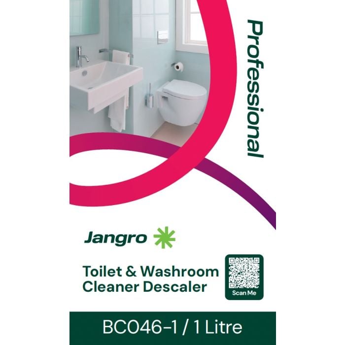 Jangro Professional Toilet & Washroom Cleaner Descaler 1L – product packaging with usage details.