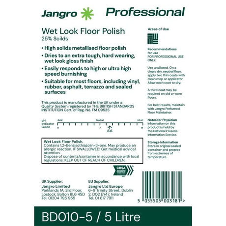 Jangro Wet Look Floor Polish 25% Solids – usage instructions and safety information.