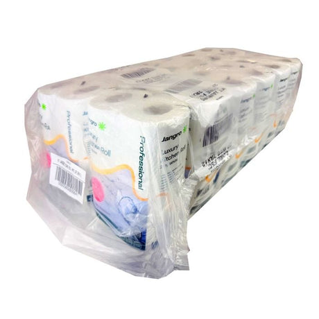 Pack of Jangro Kitchen Roll White, 2-ply, 60 sheets per roll, 24 rolls total.
