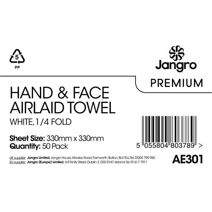 Jangro Premium Airlaid Towel – ¼ fold, white, 330mm x 330mm, 50 pack.