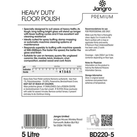 Jangro Premium Heavy Duty Floor Polish 5L – usage instructions and safety information label.