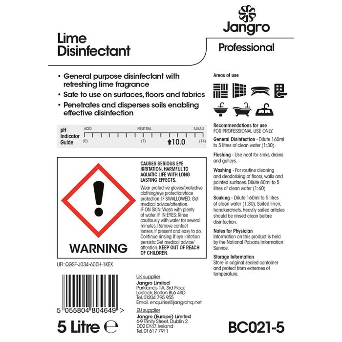 Jangro Lime Disinfectant 5L – safety and usage instructions label.