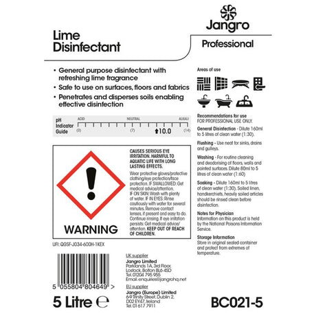 Jangro Lime Disinfectant 5L – safety and usage instructions label.