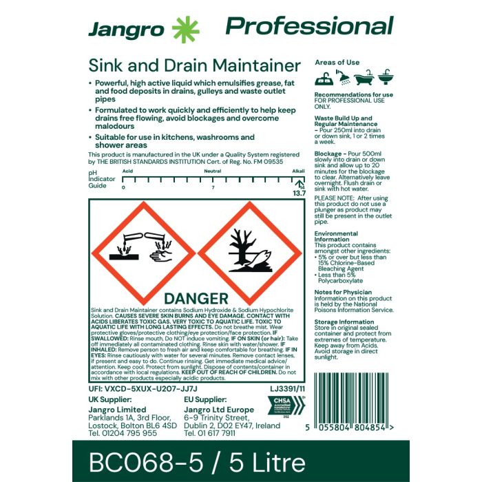 Jangro Sink & Drain Maintainer – safety and usage information label for professional drain cleaner.