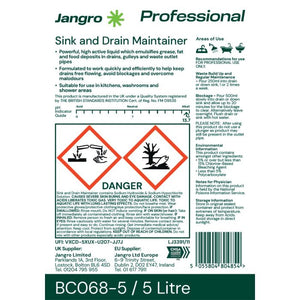 Jangro Sink & Drain Maintainer – safety and usage information label for professional drain cleaner.