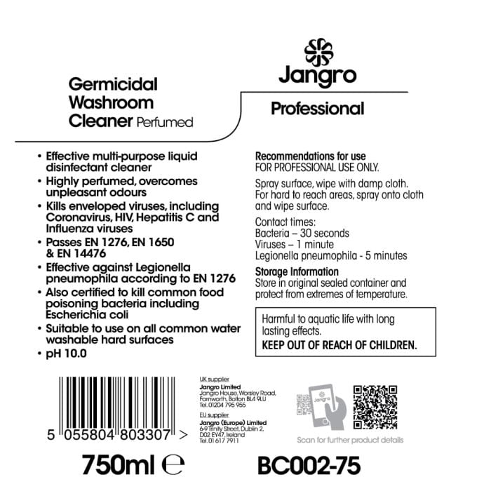 Label for Jangro Germicidal Washroom Perfumed Cleaner, detailing usage instructions and safety information.