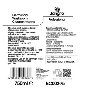 Label for Jangro Germicidal Washroom Perfumed Cleaner, detailing usage instructions and safety information.