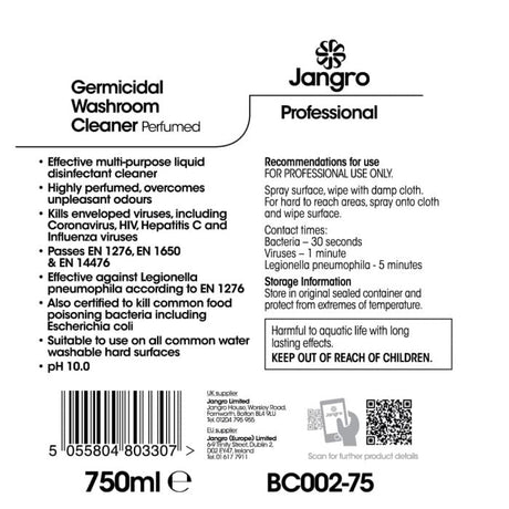 Label for Jangro Germicidal Washroom Perfumed Cleaner, detailing usage instructions and safety information.